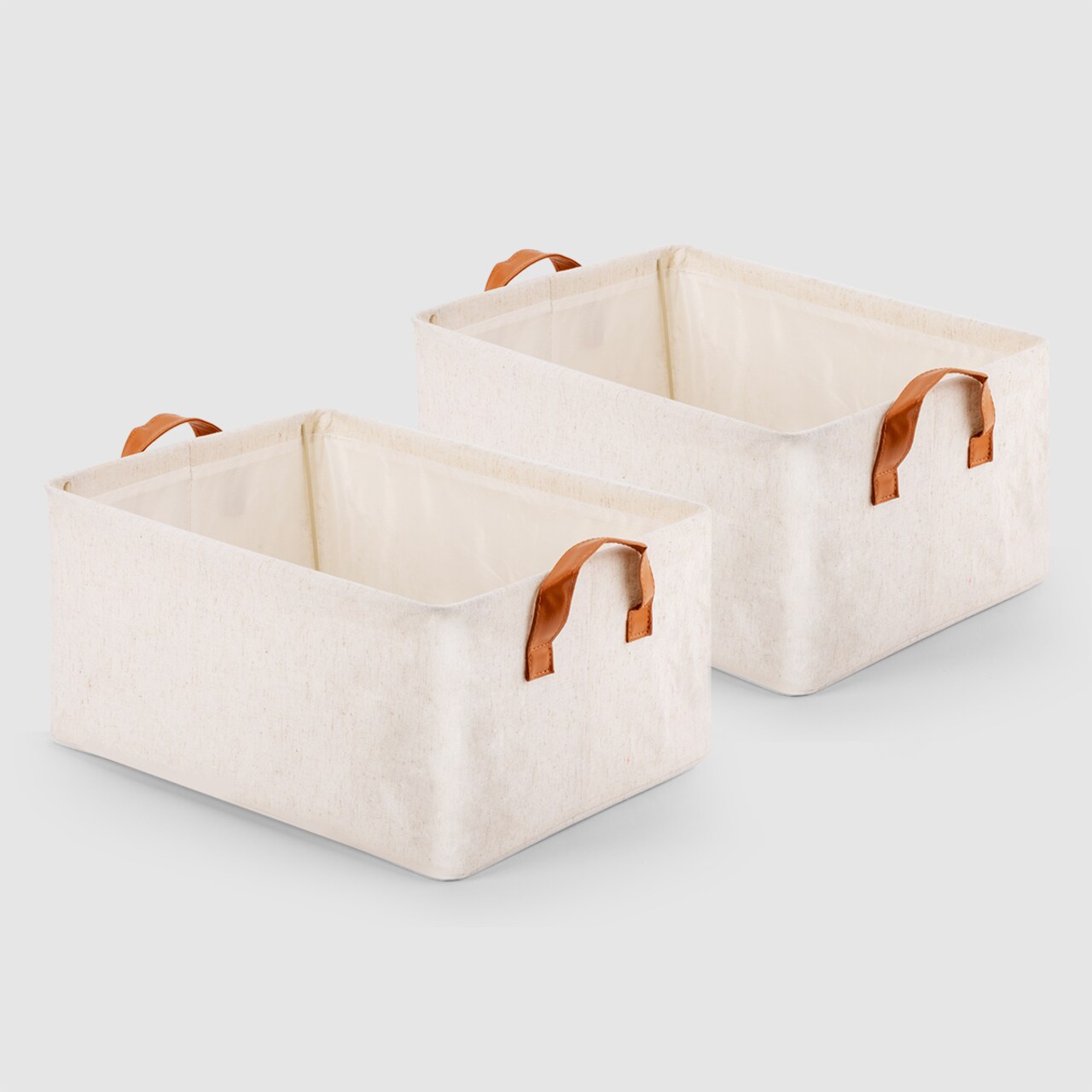 VUSIGN Small Light Beige Non-Woven Storage Baskets with Handles – 12″×8″×6.4″ Fabric Organizer Bins for Home & Closet (2-Pack)